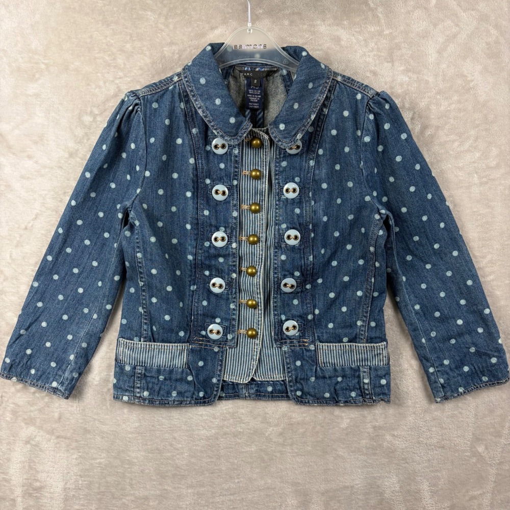 VTG Marc Jacobs Runway Polka Dot Denim Jacket Sz 2 Puff Shoulder Military Style